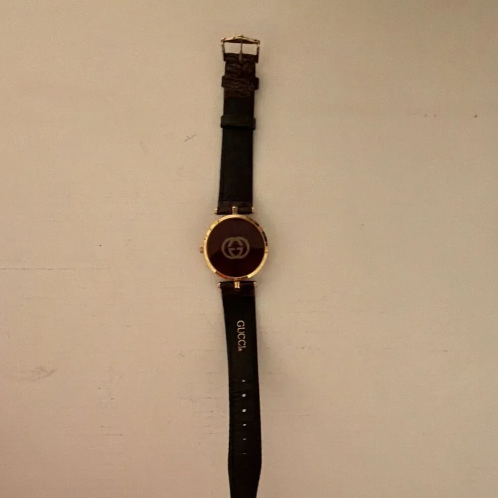 Vtg GUCCI 14M Gold Plated Sherry Stripe Web Side Quartz Watch Roman Dial Leather